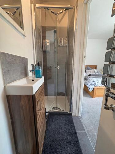 a bathroom with a shower and a sink at Birch Tree House in Windermere