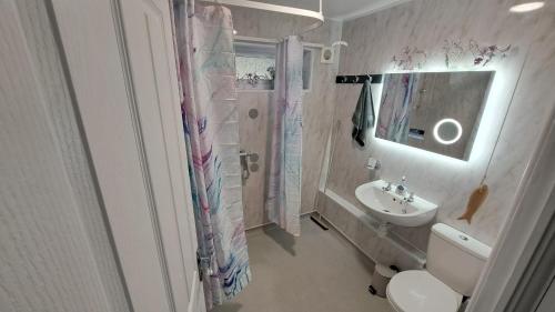 a bathroom with a sink and a toilet and a shower at Oak Bungalow in Carbis Bay