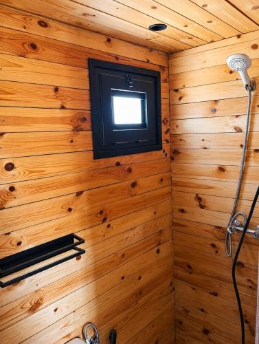 a bathroom with a television on a wooden wall at MiNi chalet en bois in Menzel Abderhaman