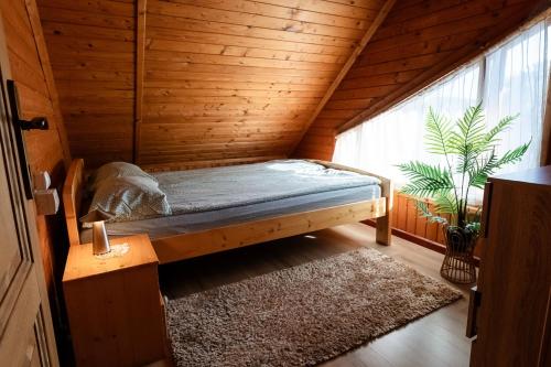 a bed in a wooden room with a window at Cabana Toth Mic&Mare in Sovata
