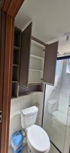 a small bathroom with a toilet and a shower at Apartamento Universitário in Uberaba