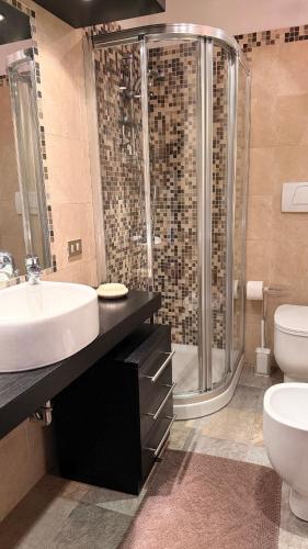 a bathroom with a shower and a sink and a toilet at Gallio Appartamento con splendida vista in Gallio