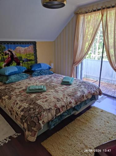 a bedroom with a large bed with blue pillows at Valiant B&B in Otterbäcken