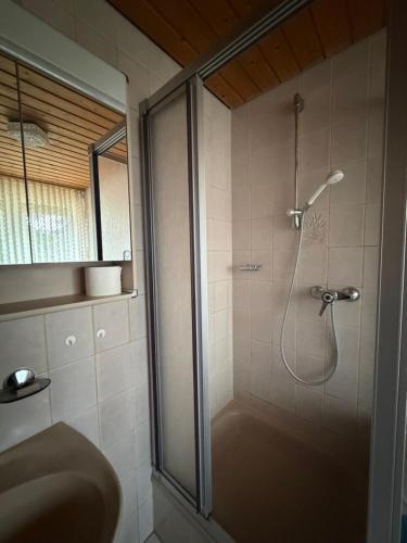 a shower with a glass door in a bathroom at Pension Silberdistel in Ühlingen-Birkendorf