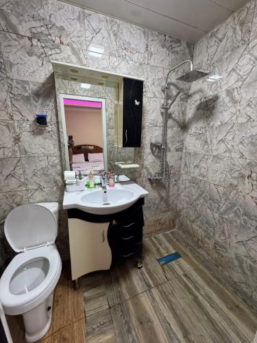 a bathroom with a toilet and a sink and a mirror at Elit Hotel in Mingachevir