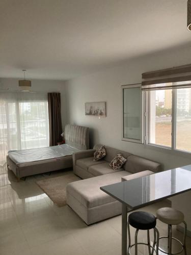 a living room with a couch and a table at Hotel apartment studio in Dherinia