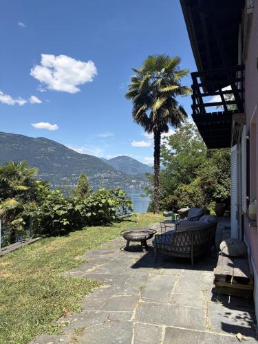 a patio with a palm tree and a table and benches at Ferienhaus mit Privatgarten in Gambarogno