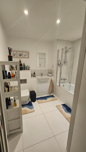 a bathroom with a shower and a toilet and a sink at Lovely room in Chelsea in London