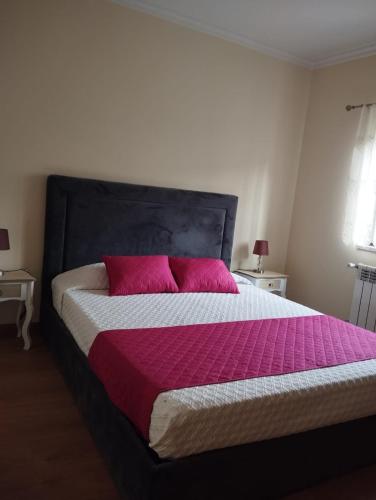 a bedroom with a large bed with pink pillows at Casa Ramos in Mogadouro
