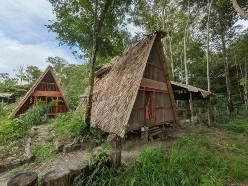 two thatched huts in the middle of a forest at Chalé da Mata, Ilha de Cotijuba in Belém