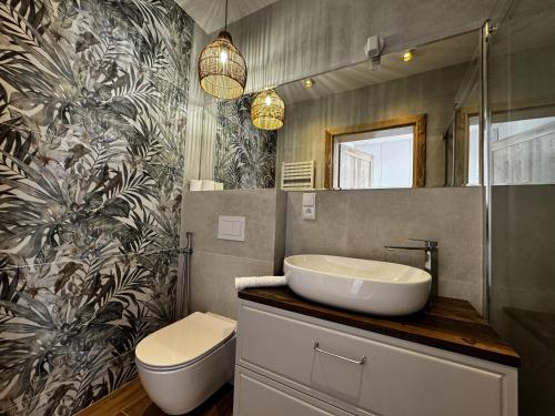 a bathroom with a sink and a toilet and a mirror at Rancho Lawendowe in Szczytna