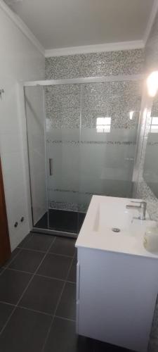 a bathroom with a shower and a white sink at Casa Ramos in Mogadouro