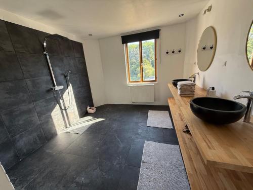 a bathroom with a black sink and a shower at Gîte du silo Avoine in Toucy