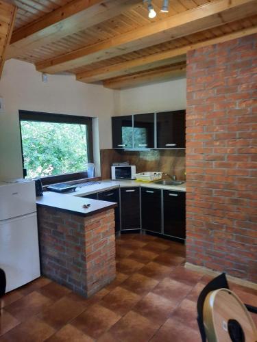 a kitchen with a brick wall and a brick pillar at Mariolka Skorzęcin in Skorzęcin
