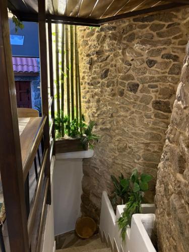 a room with a stone wall and some plants at El renacer de Flor - Casa turística in Chandreja