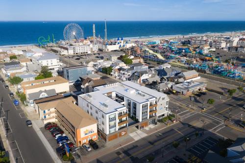 an aerial view of a city with the ocean at 1 Block to Beach 150" Theater PS5 Arcade in Seaside Heights