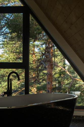 a bath tub sitting in front of a window at Anika - Mountain Home in Divčibare
