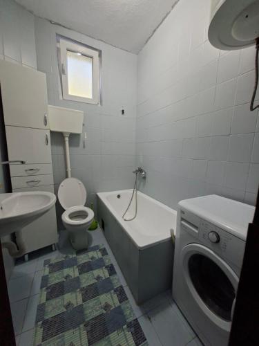 a bathroom with a toilet sink and a washing machine at Mareza in Podgorica