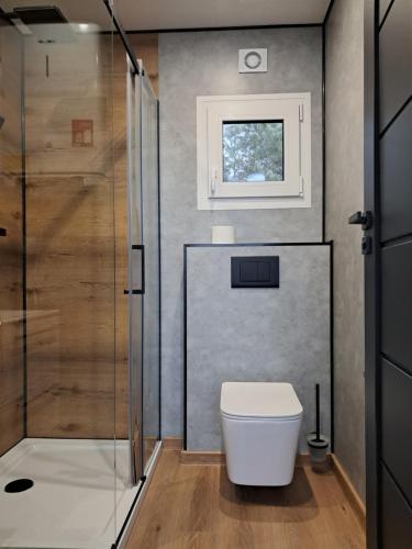 a bathroom with a toilet and a shower at Domki nad Grabią in Rokitnica