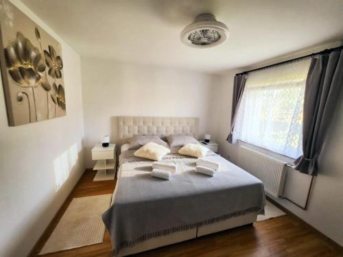 a bedroom with a bed with two pillows and a window at UP & DOWN Holiday House in Donji Prozor