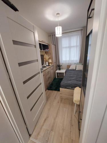 a bedroom with a sliding door with a bed at Baza Ślęża , Nowoczesny Apartament w sercu Sobótki in Sobótka