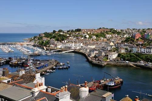 an aerial view of a harbor with boats in the water at Beacon House B&B Brixham in Brixham