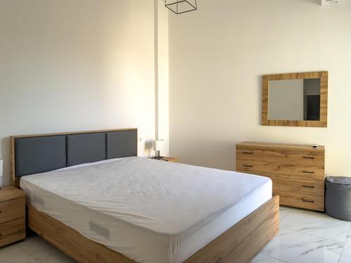a bedroom with a large bed and a mirror at Modern Comfort Apartment - Arkitsa Rentals in Arkitsa
