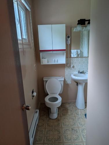 a bathroom with a toilet and a sink at Lang's Motel in Wabigoon