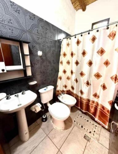 a bathroom with a toilet and a sink and a shower curtain at Cabañas el cardon in Maimará