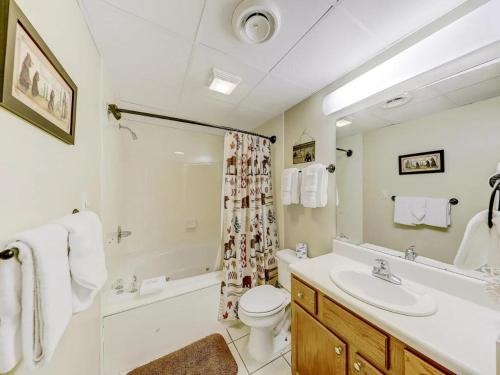 a bathroom with a sink and a toilet and a shower at Whispering Pines 111 Lazy Bear in Pigeon Forge