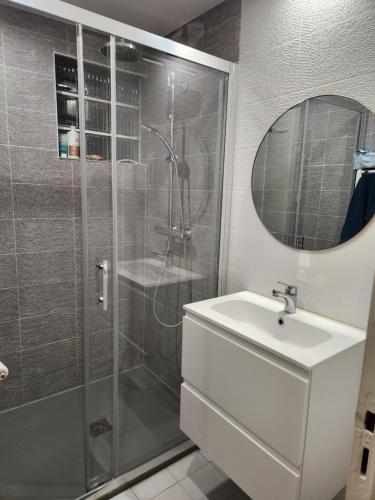 a bathroom with a shower and a sink and a mirror at Les ridens in Sangatte
