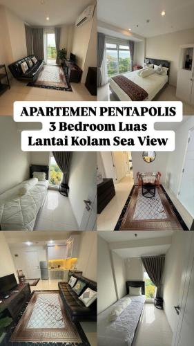 a collage of four pictures of a room with a bed and a bedroom with at Apartment BSB pentapolis 3 Bedroom in Stalkudo