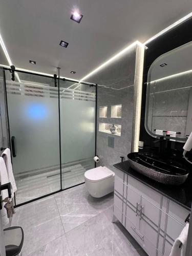 a bathroom with a toilet and a glass shower at برج الهندي in Cairo