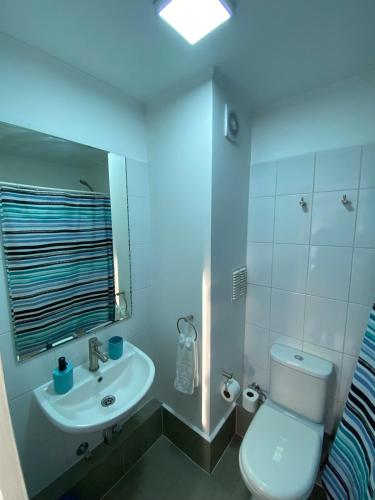 a bathroom with a white toilet and a sink at Casa Laguna Suites in Concepción