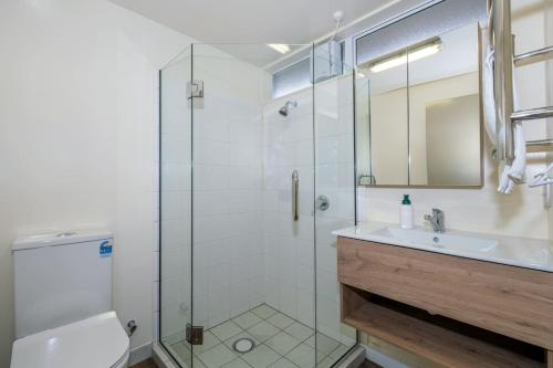 a bathroom with a shower and a sink and a toilet at Methven Nest Apartment in Methven