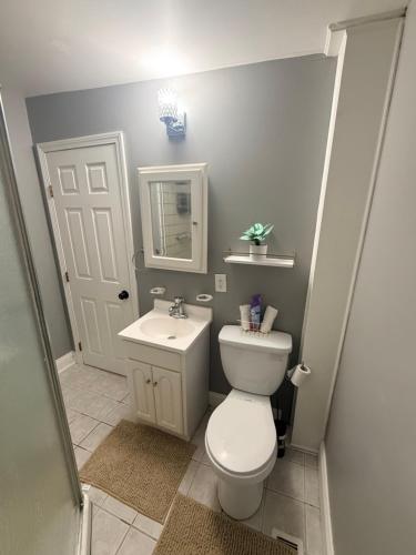 a bathroom with a white toilet and a sink at Grey comfort room in New London