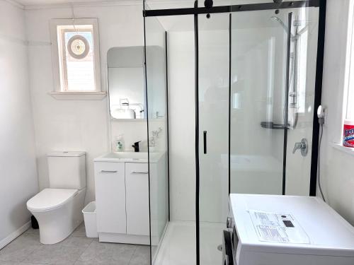 a bathroom with a shower and a toilet and a sink at Pretty Villa Close to St Clair Beach private parking in Dunedin