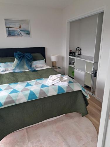 a bedroom with a bed with a blue and white at Kupe Retreat free wifi free parking two rooms ensuite bathroom for both in Whitianga