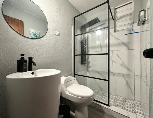 a bathroom with a sink and a toilet and a mirror at Gema del Mar, Vieques, PR in Vieques