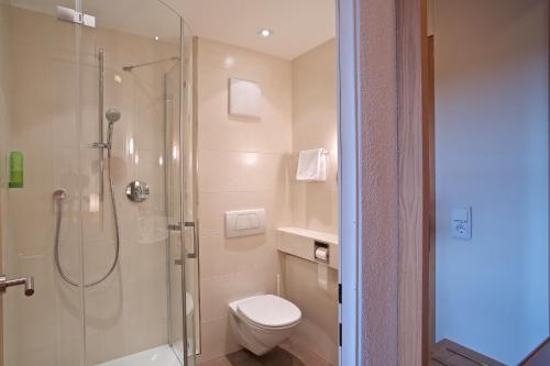 La salle de bains est pourvue d'une douche et de toilettes. dans l'établissement Hotel zur Mühle, à Ismaning