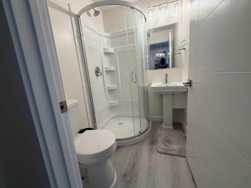a bathroom with a shower and a toilet and a sink at Havilah Cozy in Regina
