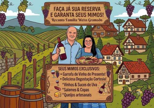 a man and woman holding a sign in a vineyard with a bottle of wine at Pousada Recanto Gramado in Gramado