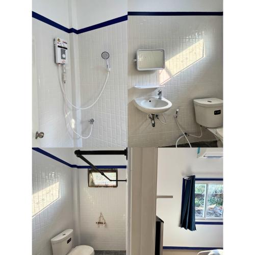 a bathroom with a shower and a toilet and a sink at Blue House Klong Hin in Ko Kood