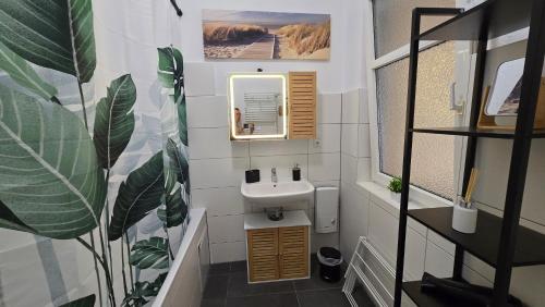 a small bathroom with a sink and a mirror at Altstadtnähe Sauna-Infrarot 2 Schlafzimmer in Koblenz