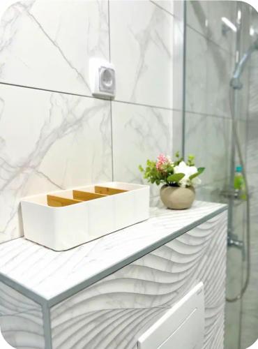 a white bathroom with a white sink and a shower at Upendo Apartment in Vrnjačka Banja