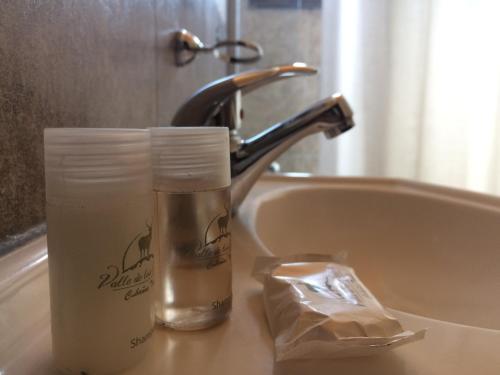 a bathroom sink with a bottle of soap next to a sink at Cabañas Valle de los Ciervos in Tandil