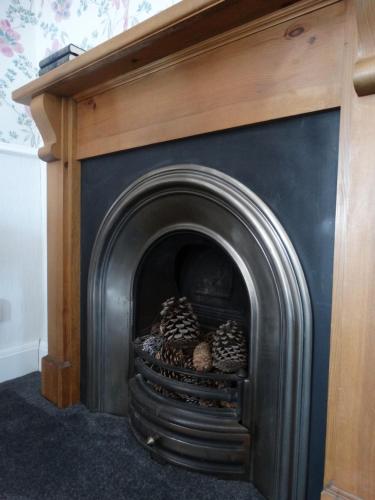 a fireplace with a bunch of pine cones in it at The Corner House in Lowestoft