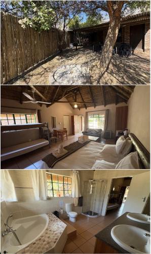 two pictures of a bedroom with a bed and a bathroom at Roaring Sky Base Camp in Cullinan