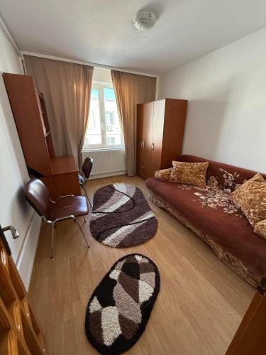a living room with a couch and two rugs at Cozy Râșnov in Râşnov