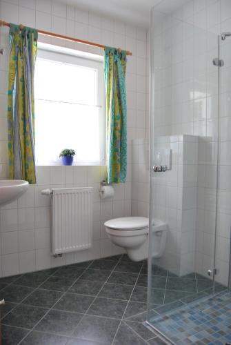 a bathroom with a toilet and a sink and a window at Ferienhaus Kaptein Meyer in Zingst